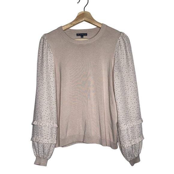 Adrianna Papell Knit Sweater Blouse Sheer Puff Sleeve Beige Small - Picture 1 of 6